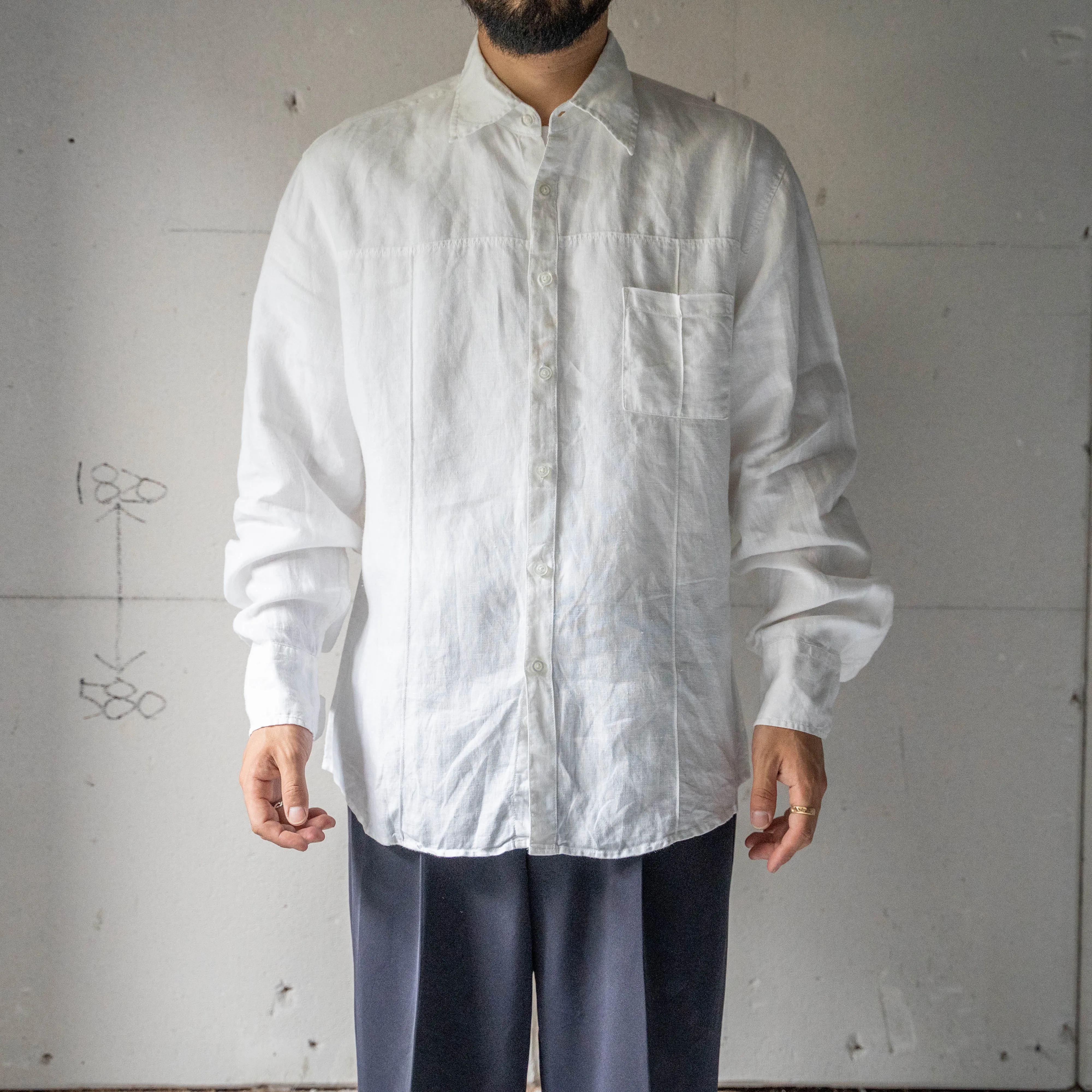 1990s white color all linen switching shirt