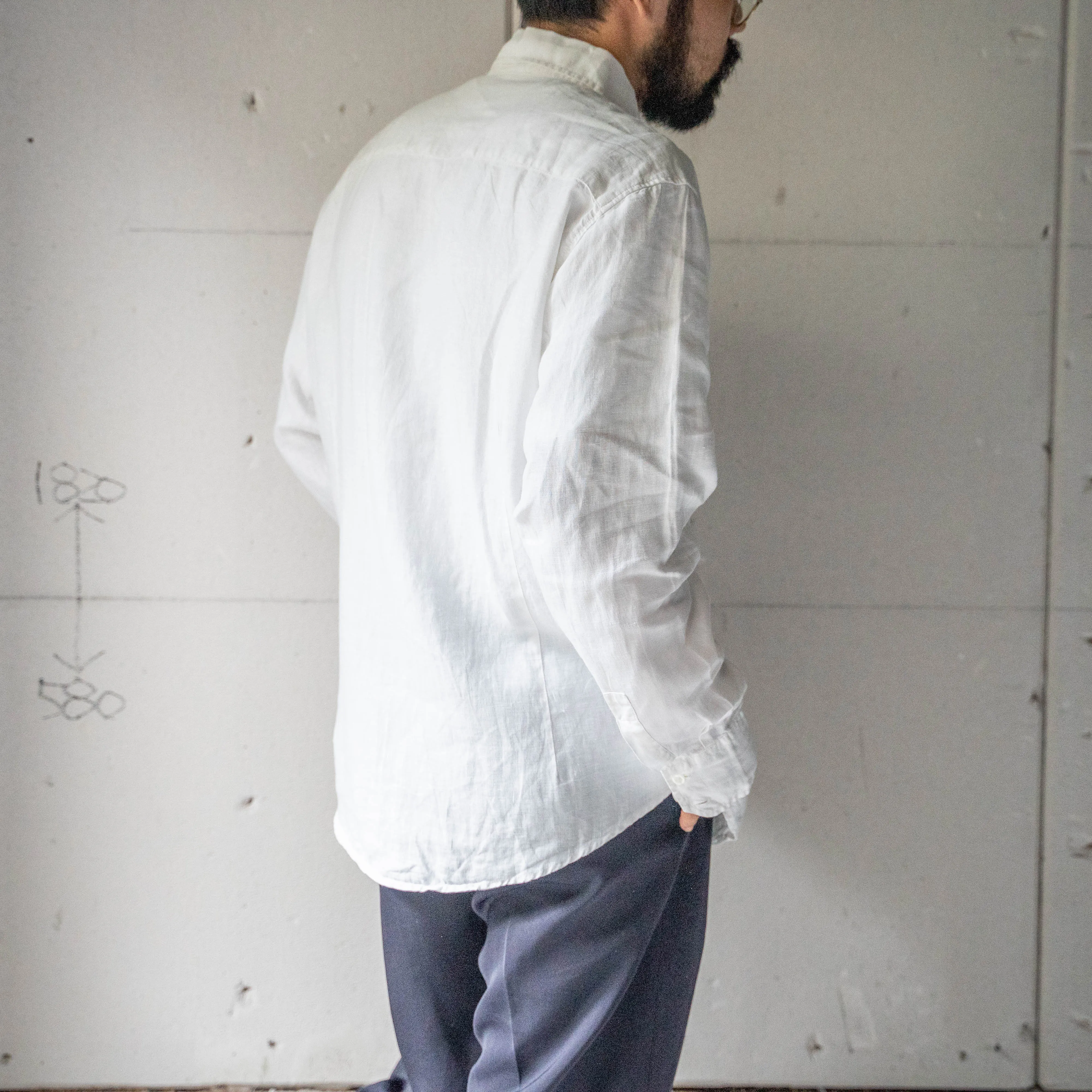 1990s white color all linen switching shirt