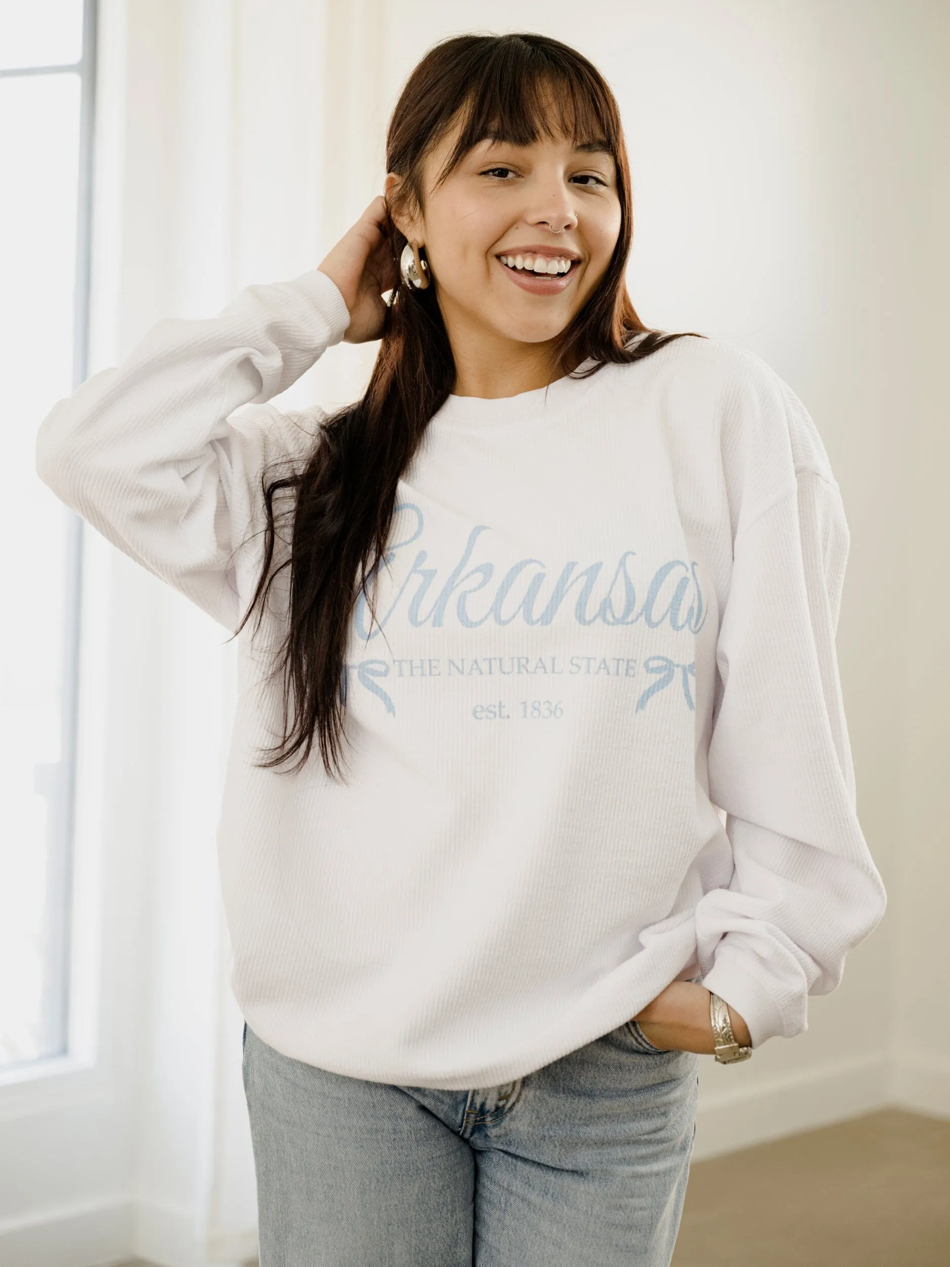 Arkansas Est. Bows White Corded Crew Sweatshirt