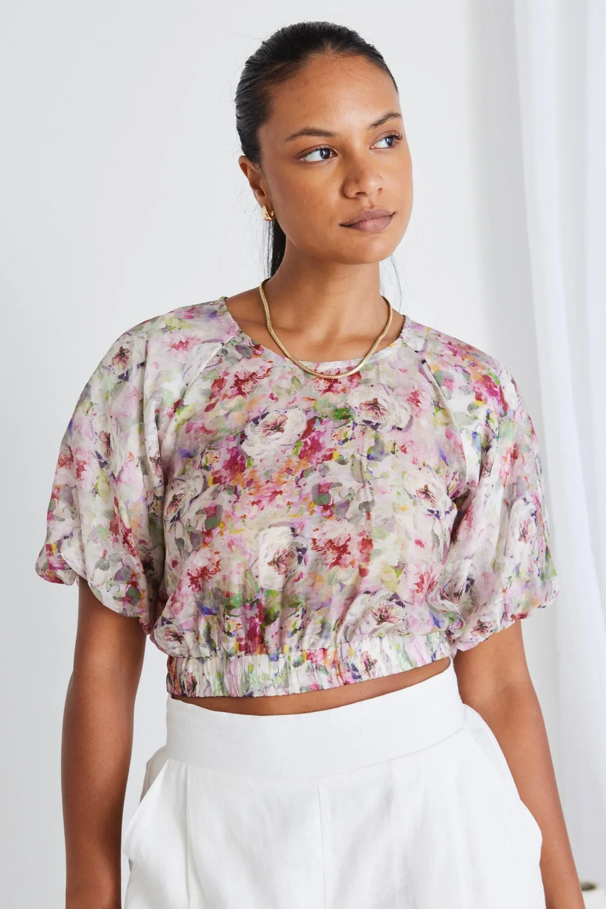 Ayres Monet Floral Puff Sleeve Crop Top