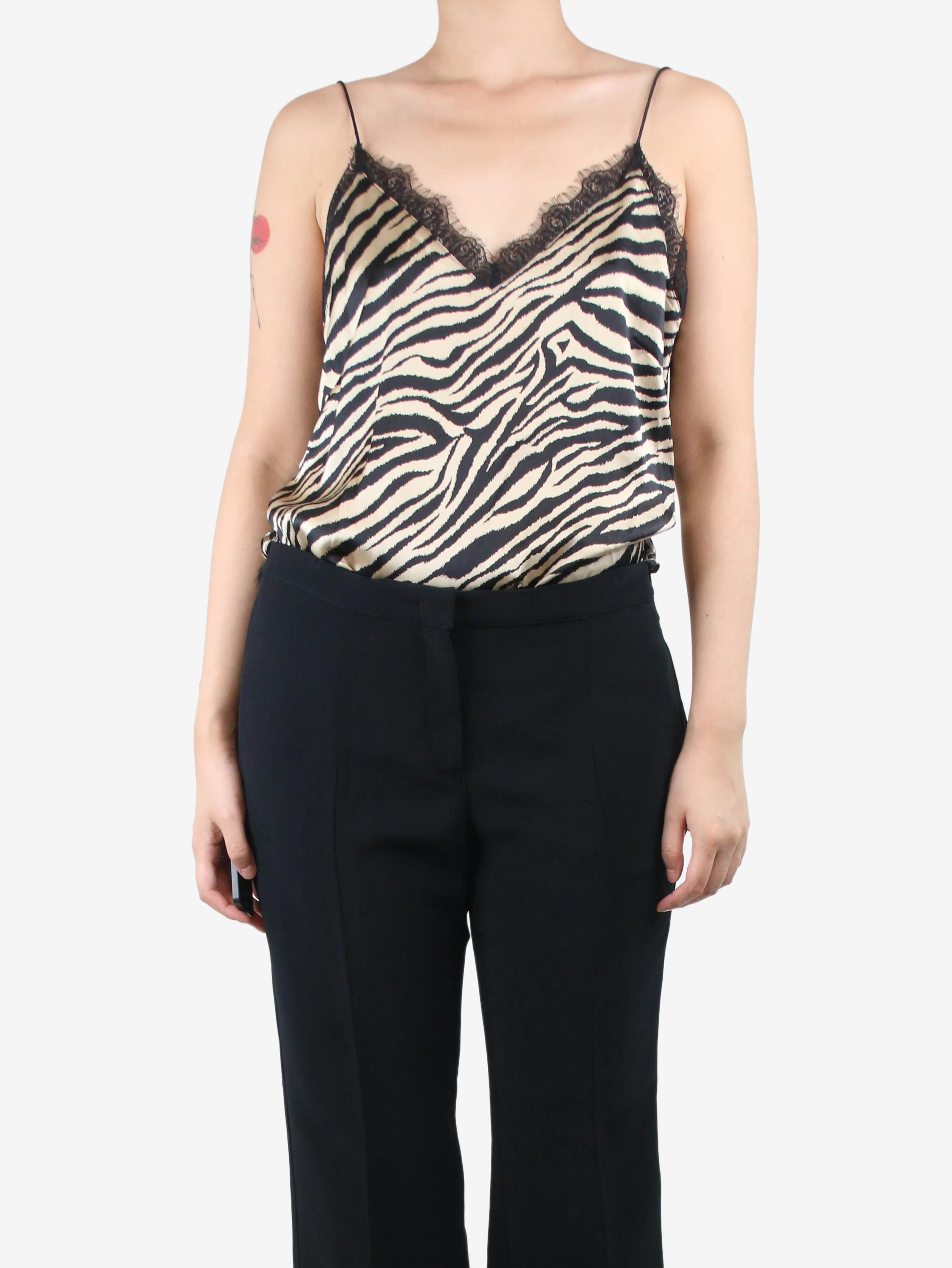 Beige and black silk zebra-print camisole - size M