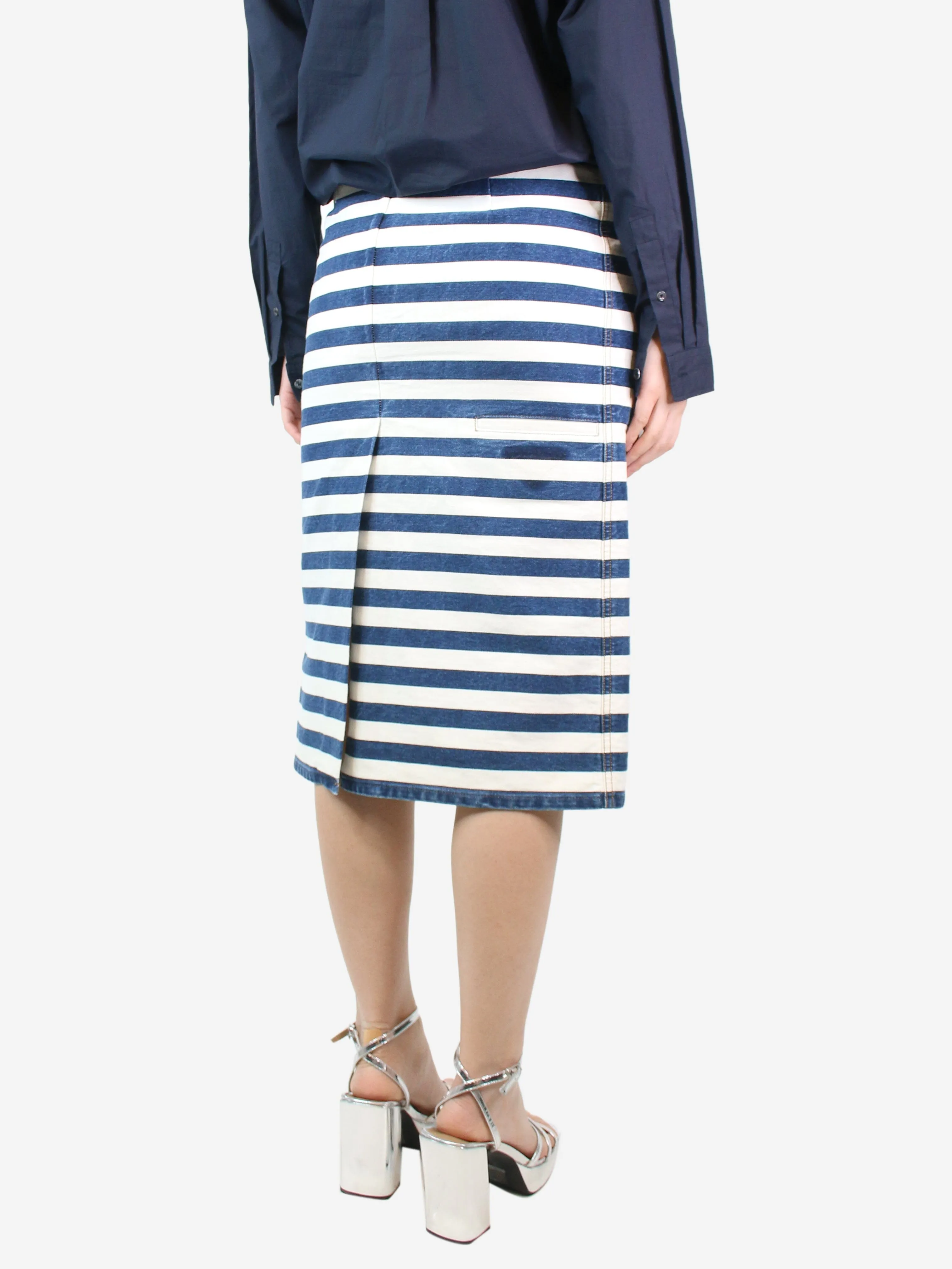 Blue and cream striped denim midi skirt - size UK 8