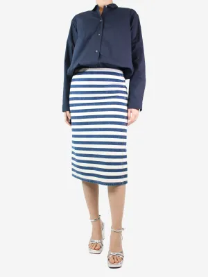 Blue and cream striped denim midi skirt - size UK 8