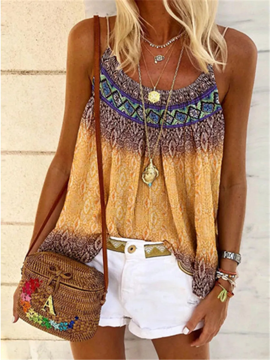 Bohemian Print Sling Drawstring Vest Casual Top