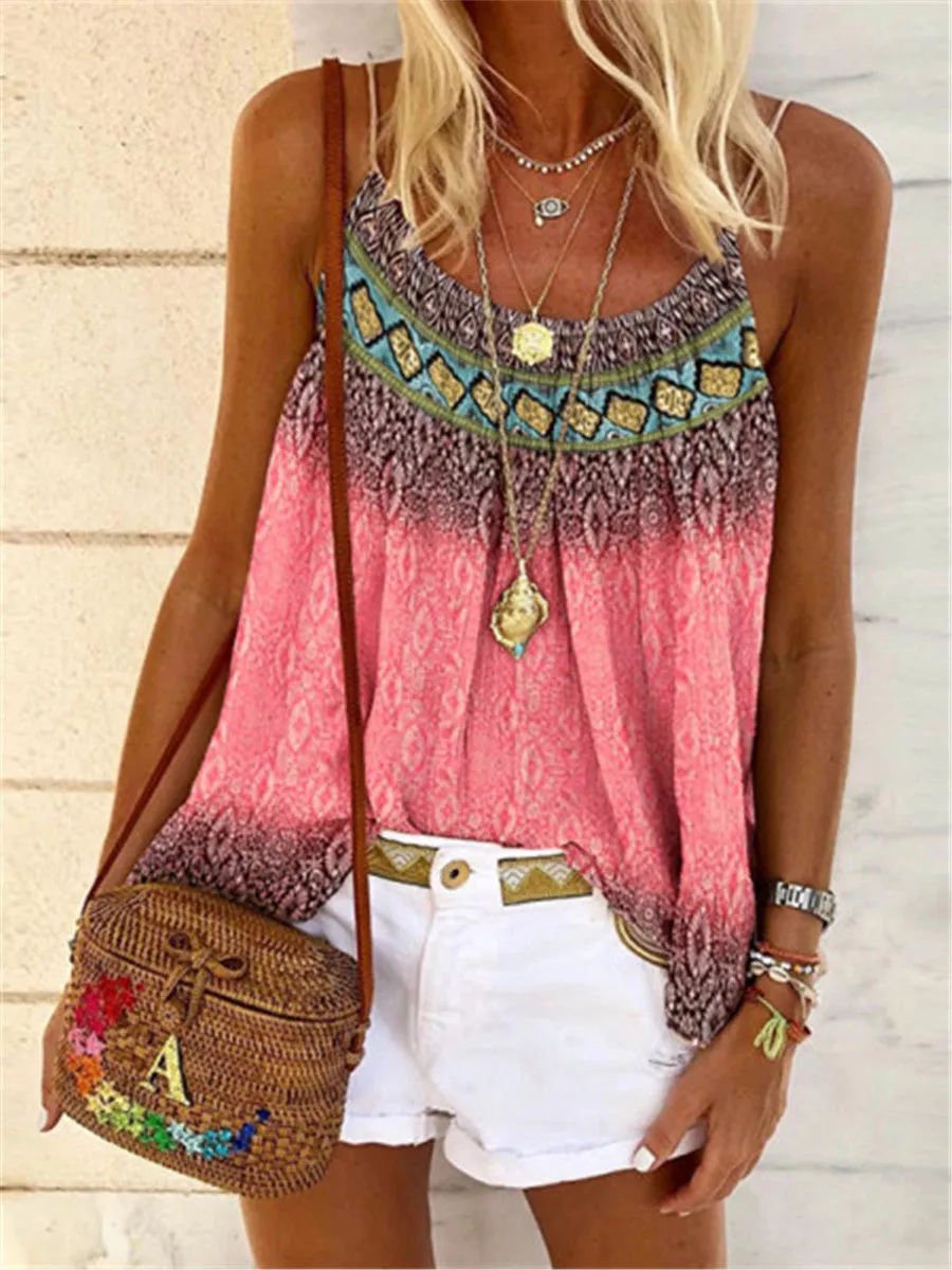 Bohemian Print Sling Drawstring Vest Casual Top