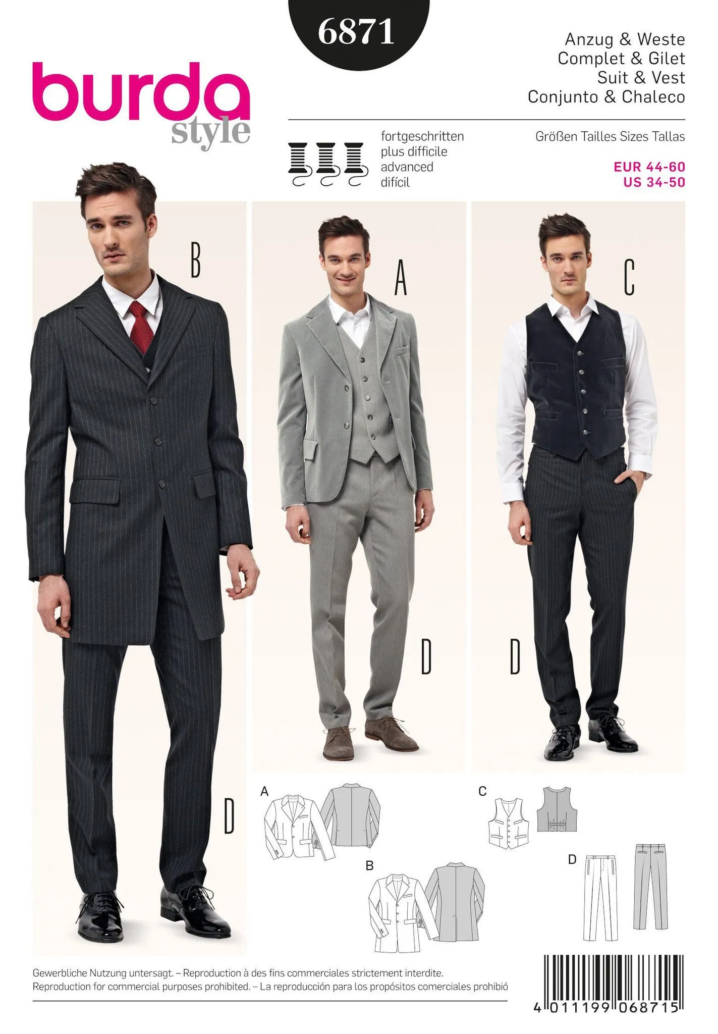 Burda 6871 Mens' Suit, Waistcoat and Frock Coat Pattern