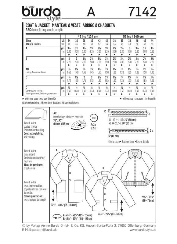 Burda 7142 Mens' Coat and Jacket Pattern