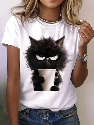 Cat Print Casual Short Sleeve Crew Neck T-Shirt for Women - Spring & Summer Collection