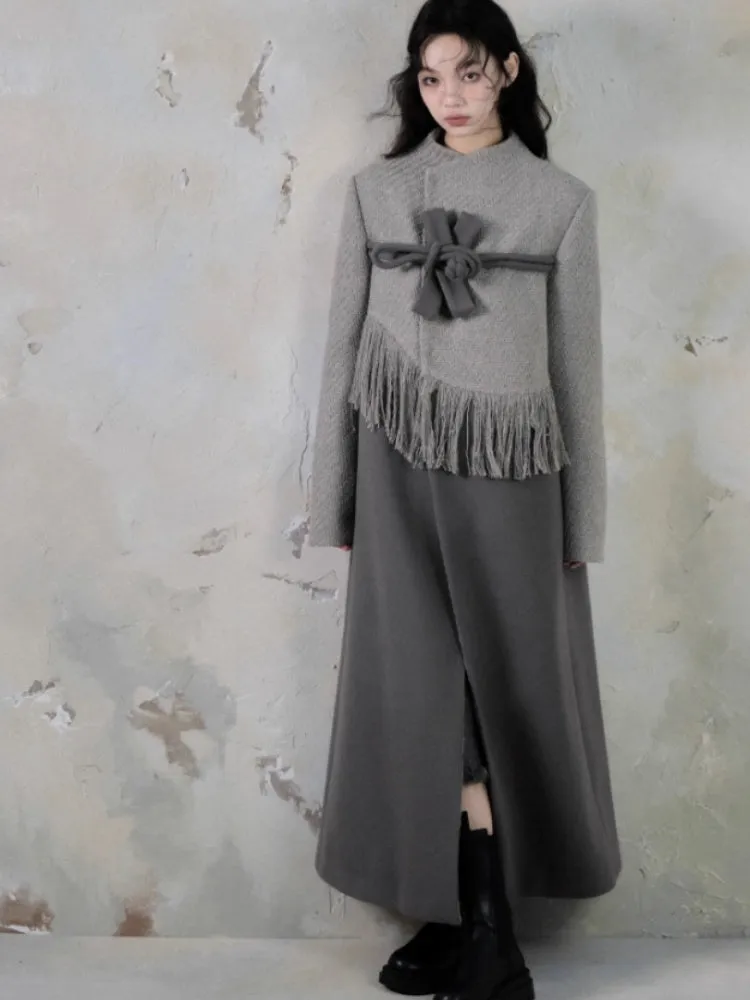 Chinese Style Button Fringe Splicing Wool Coat【s0000004407】