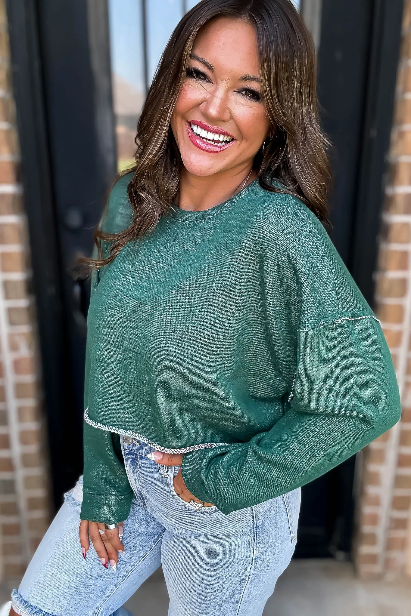 Comfy Crewneck Hunter Green Crop Sweatshirt