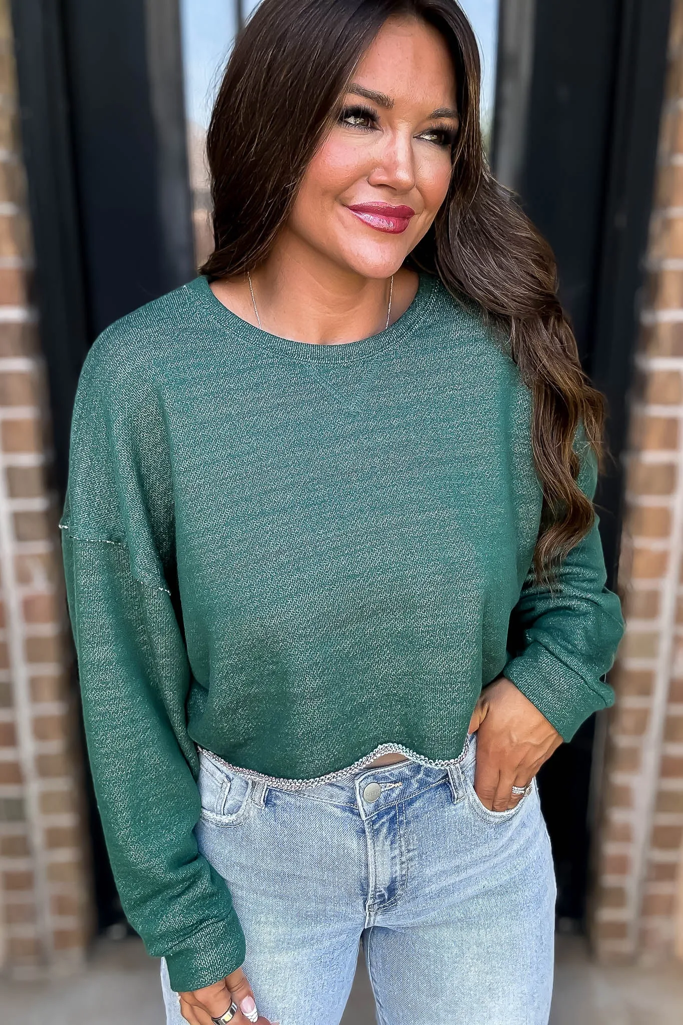 Comfy Crewneck Hunter Green Crop Sweatshirt