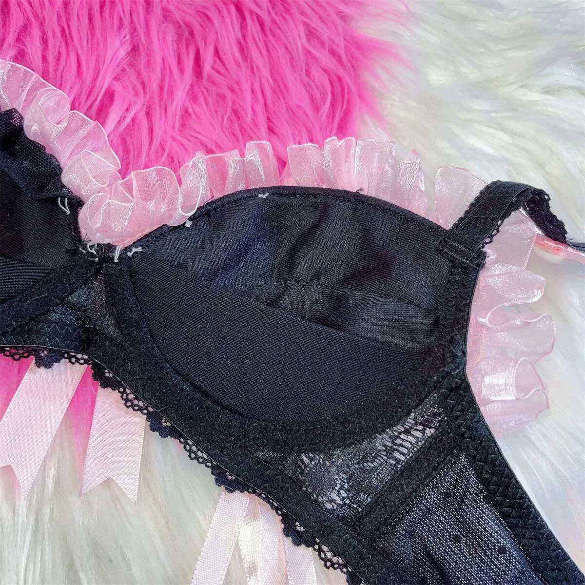 Coquette Sexy Y2K Bow Kitty Lace White Pink Black Camisole Bra Lingerie Skirt