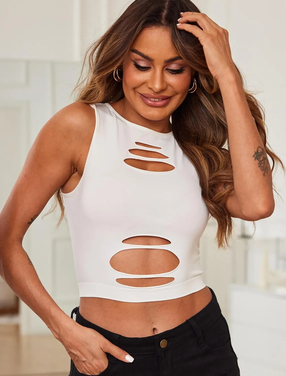 Fishnet Top Cut Out Crop Tank Top