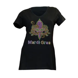 Ladies Mardi Gras Fleur De Lis V-Neck Rhinestone Tee-Shirt