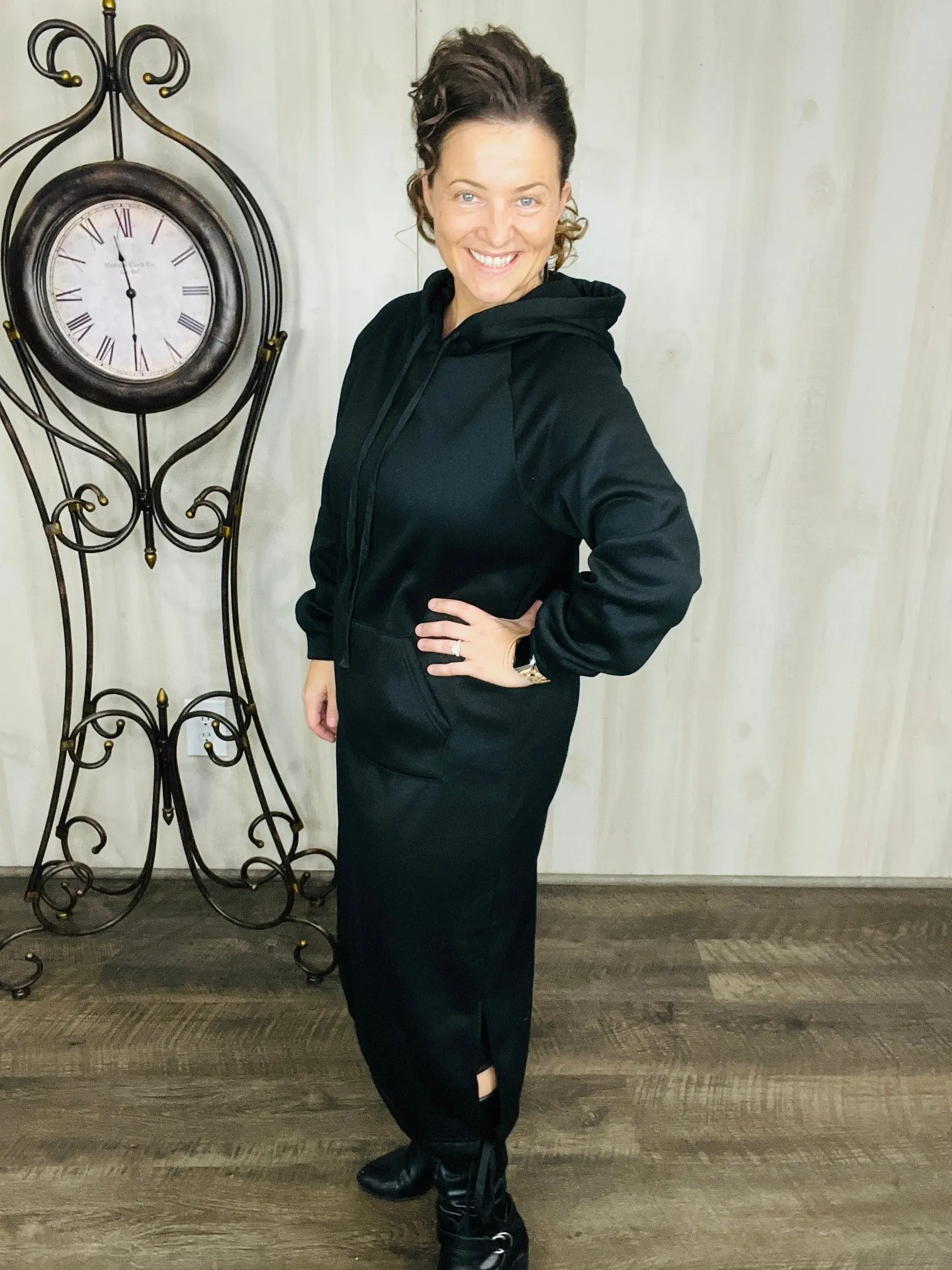 Midi Style Sweatshirt Dress- Black