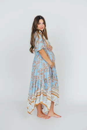 Morgan Border Print Maxi Dress with Tiered Skirt in Blue Multi