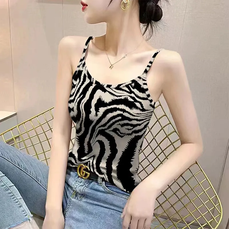 Sexy Leopard-Print Ice Silk Waist-Tight Camisole Print Tops