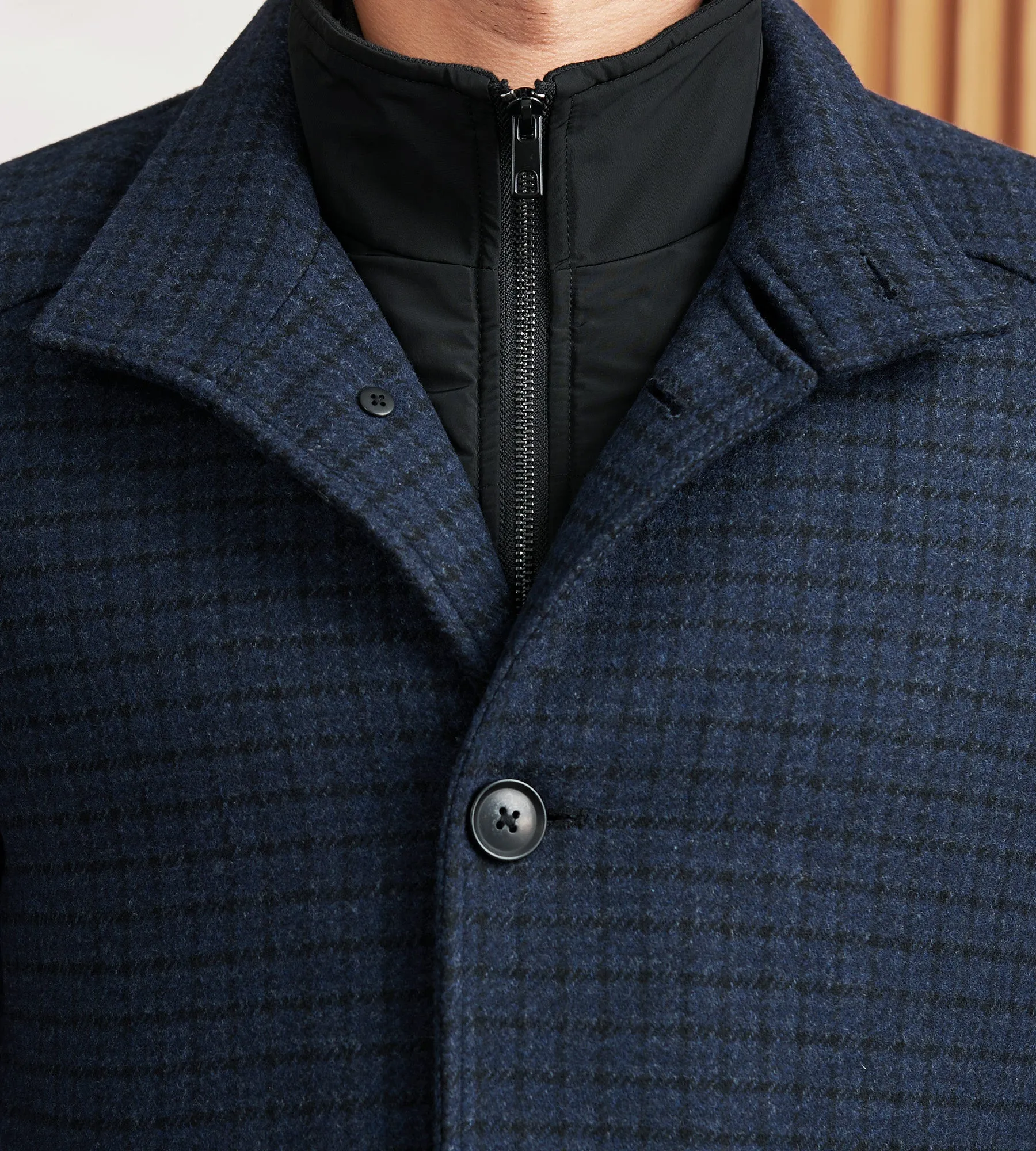 Slim Fit Funnel Collar Houndstooth Wool Coat