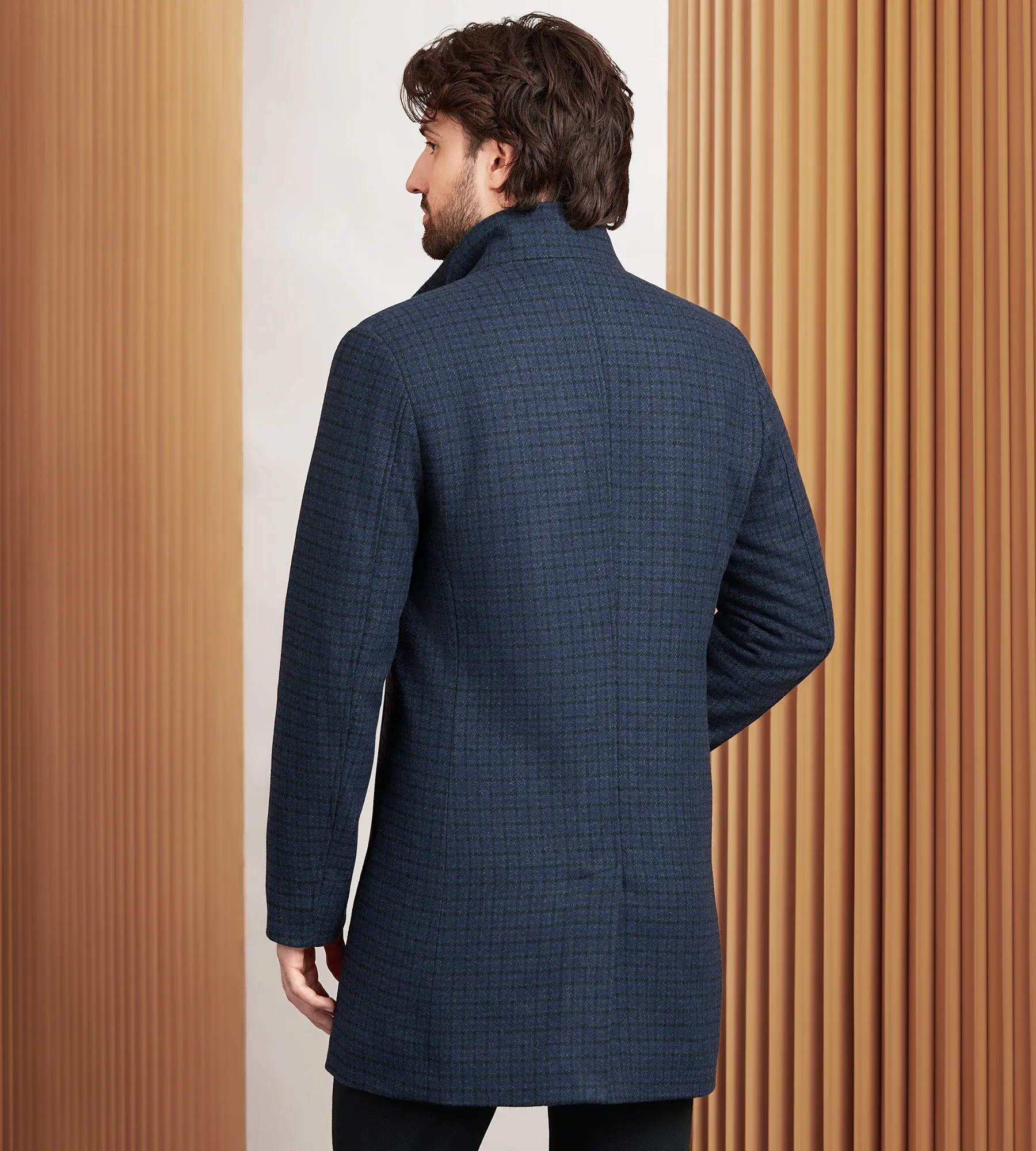 Slim Fit Funnel Collar Houndstooth Wool Coat