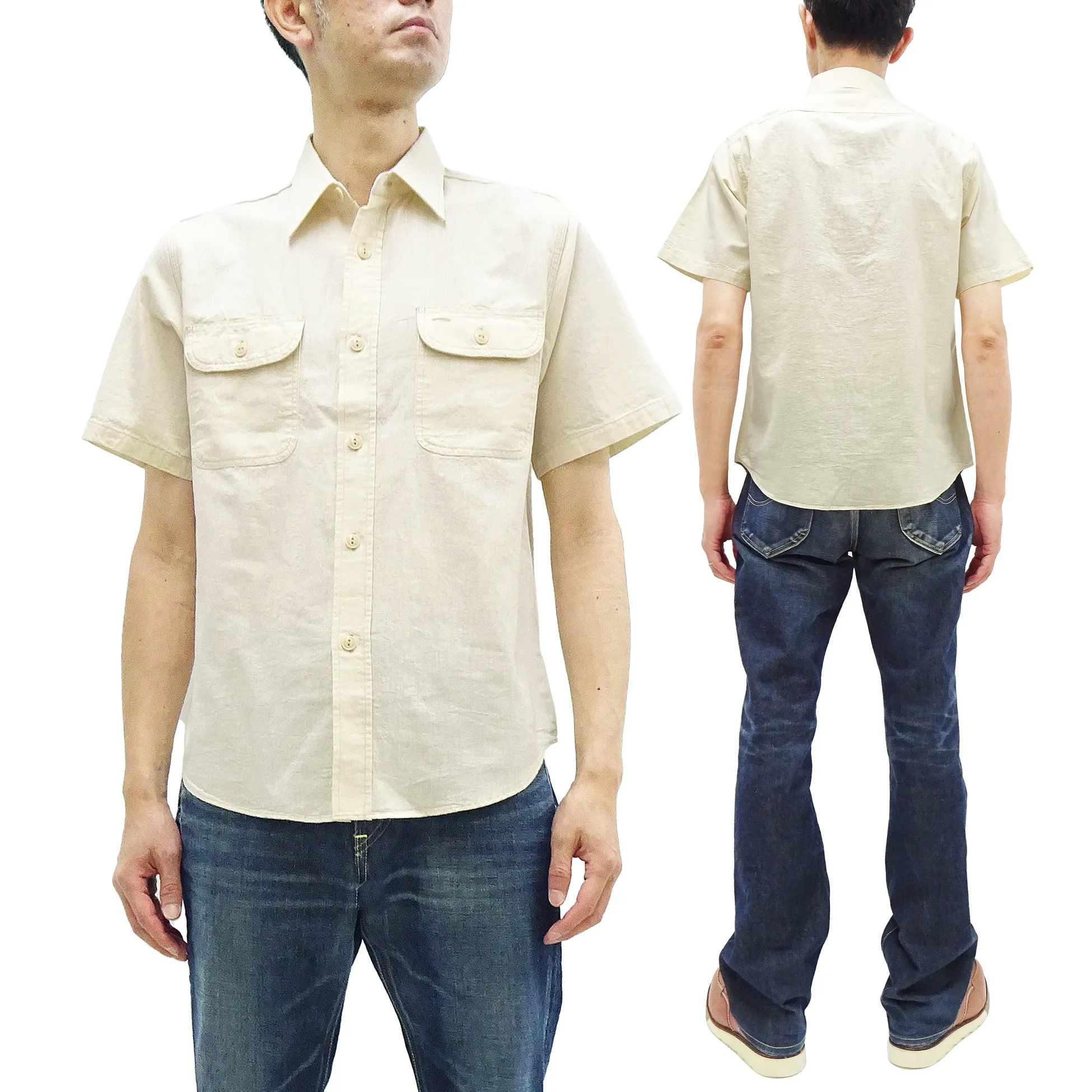 Sugar Cane Ecru Chambray Shirt Men's Casual Short Sleeve Plain Button Up Work Shirt SC37942 401 Ecru One Wash