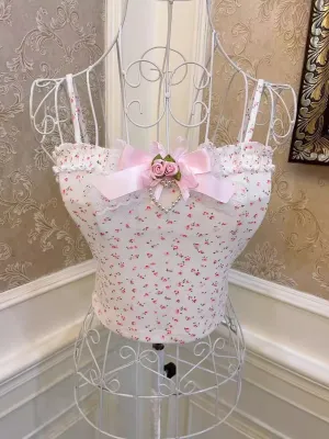 Sweetheart Princess Rose Floral Print White Pink Bow Coquette Tank Top Strap Camisole