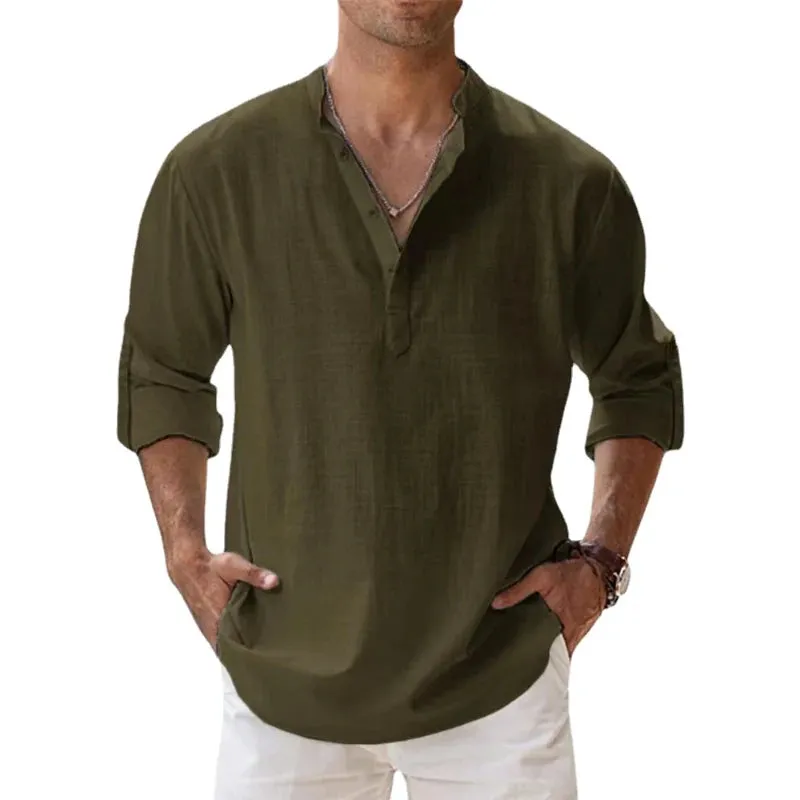 West Louis™ Designer Linen Long Sleeve Henley Beach Shirts