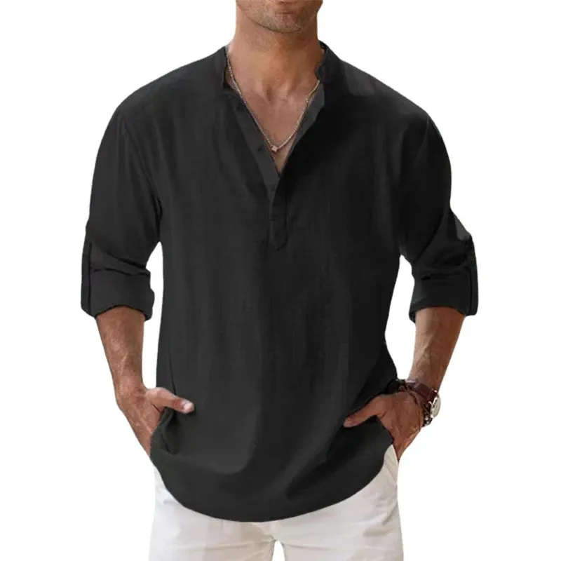 West Louis™ Designer Linen Long Sleeve Henley Beach Shirts