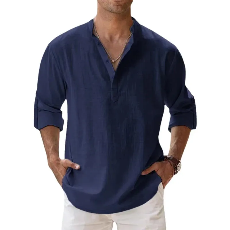 West Louis™ Designer Linen Long Sleeve Henley Beach Shirts