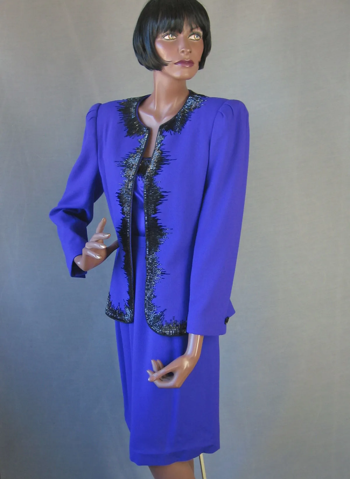 Women's 80s Skirt Suit Outfit Vintage Purple with Black Beading Small to Medium VFG Nolan Miller