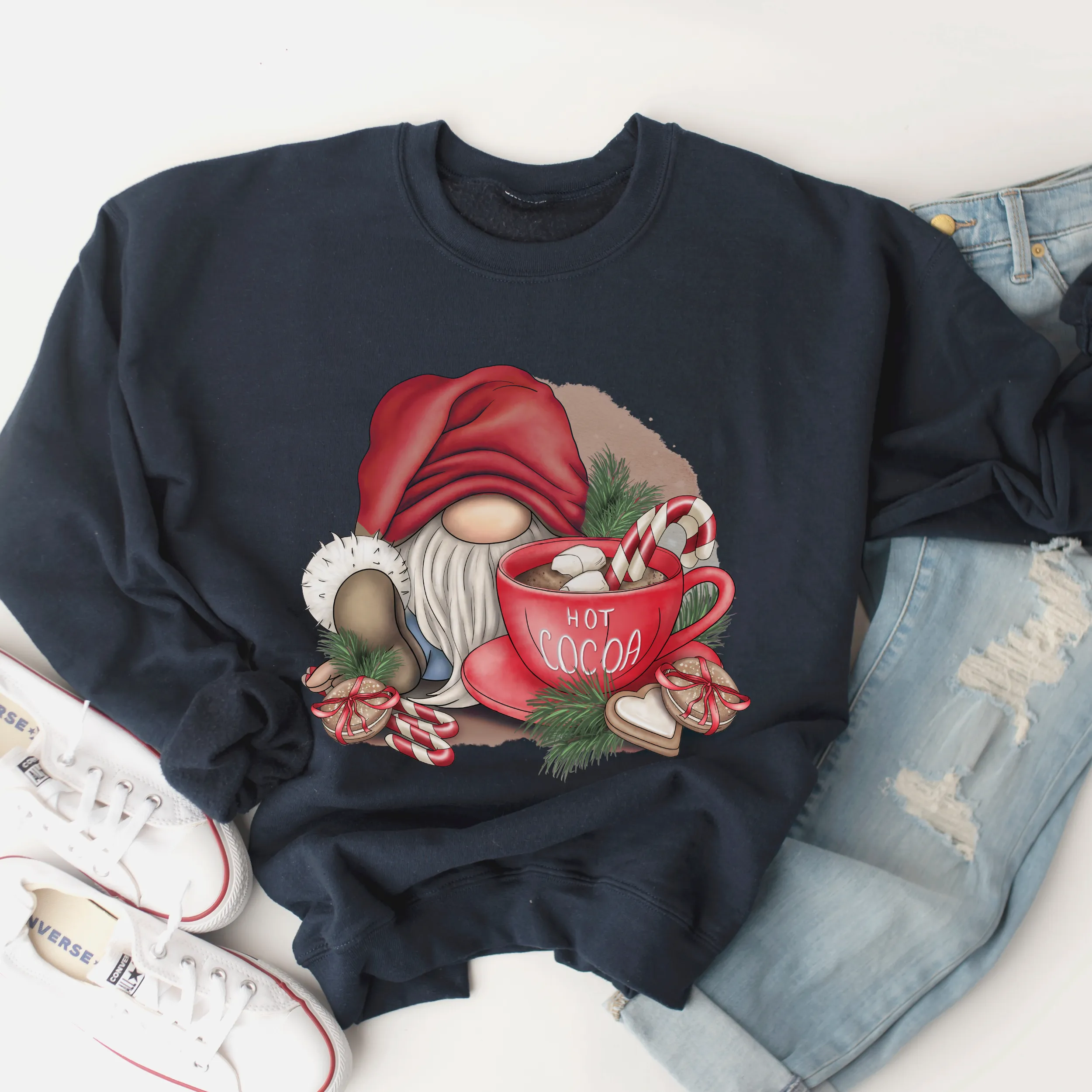 Women's Cute Christmas Gnome with Hot Cocoa Cozy Crewneck Sweatshirt in Ash, White or Navy Christmas Gift for Her Pullover