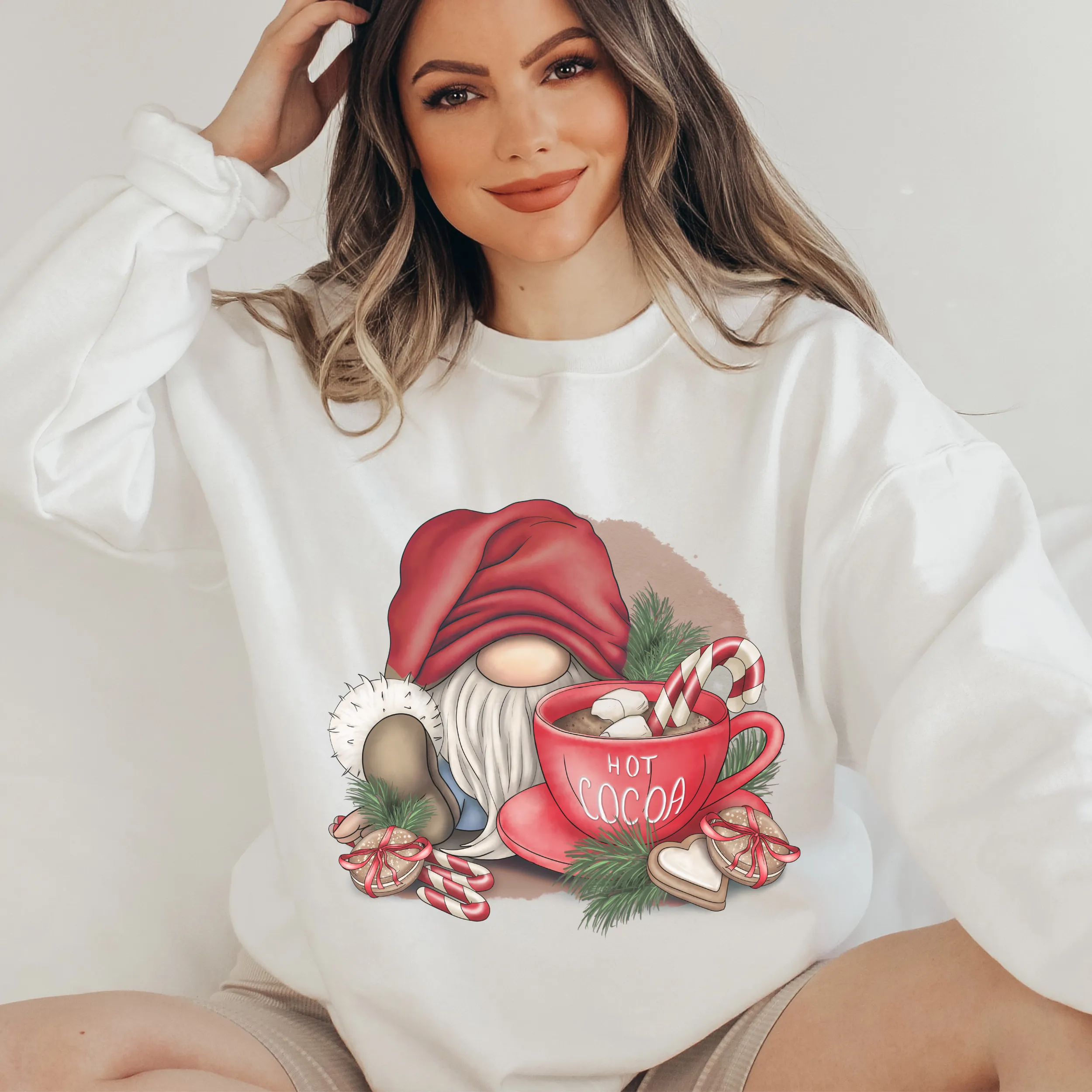 Women's Cute Christmas Gnome with Hot Cocoa Cozy Crewneck Sweatshirt in Ash, White or Navy Christmas Gift for Her Pullover