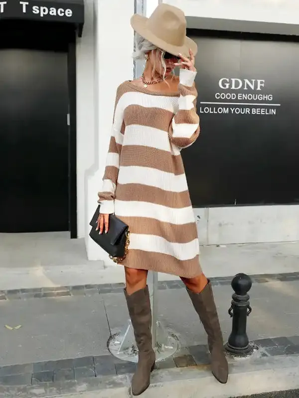 Women’s round neck striped loose lazy sweater dress