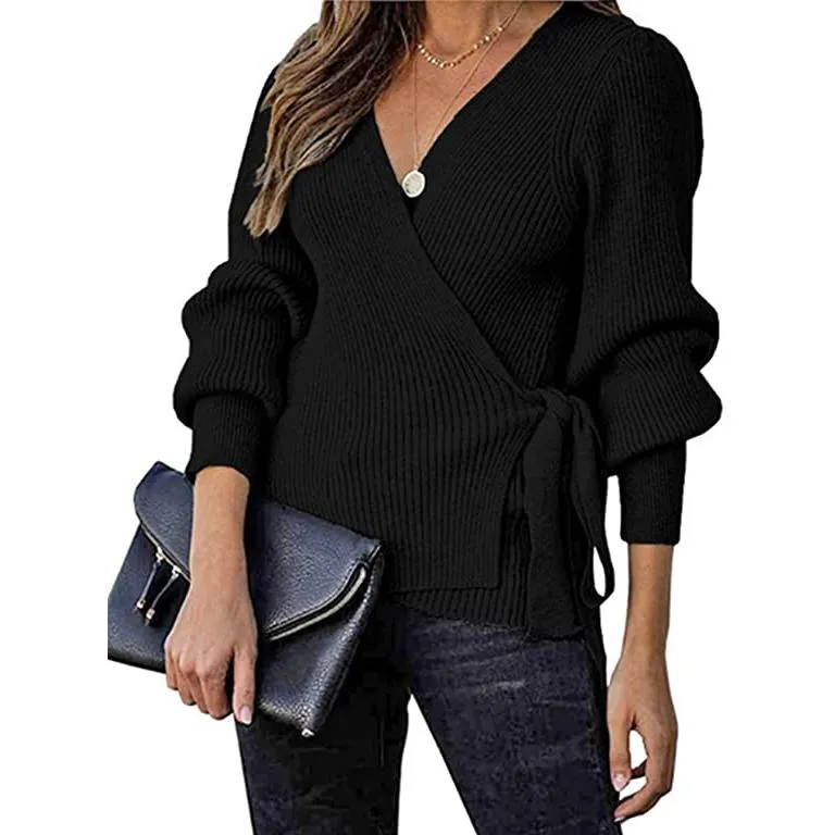 Women’s V Neck Balloon Sleeve Ribbed Wrap Chunky Knit Tunic Top