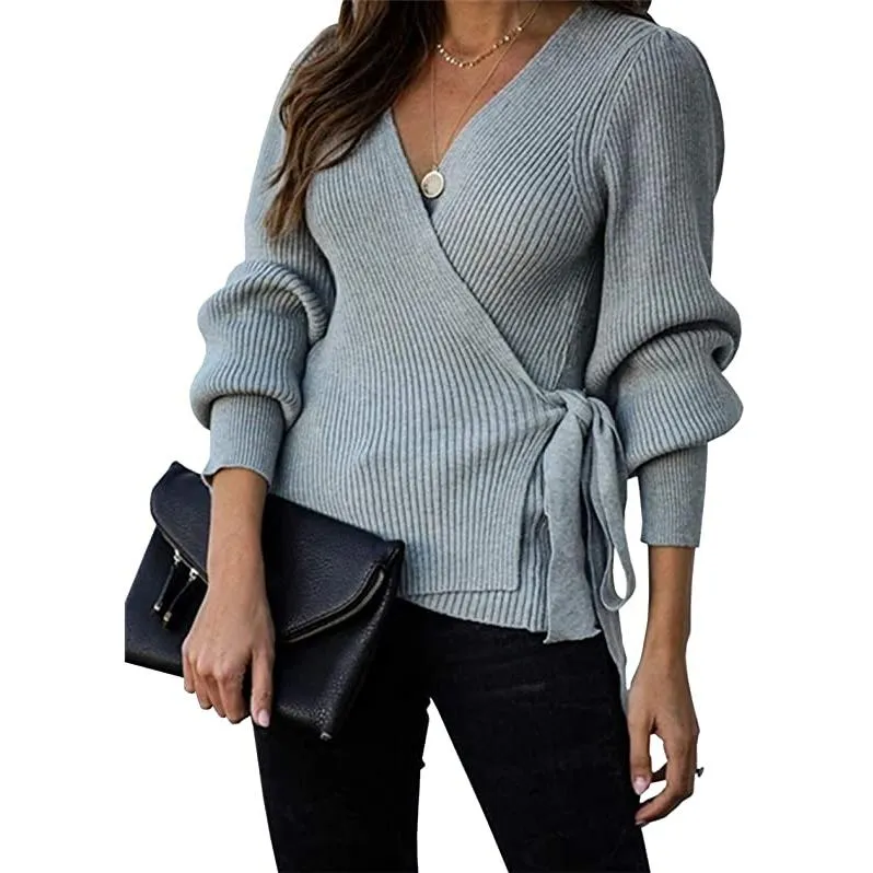 Women’s V Neck Balloon Sleeve Ribbed Wrap Chunky Knit Tunic Top