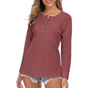 Women's Waffle Knit Tunic Tops Loose Long Sleeve