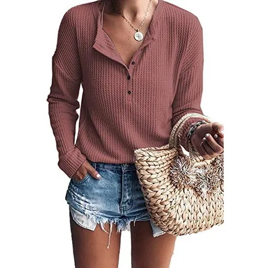 Women's Waffle Knit Tunic Tops Loose Long Sleeve