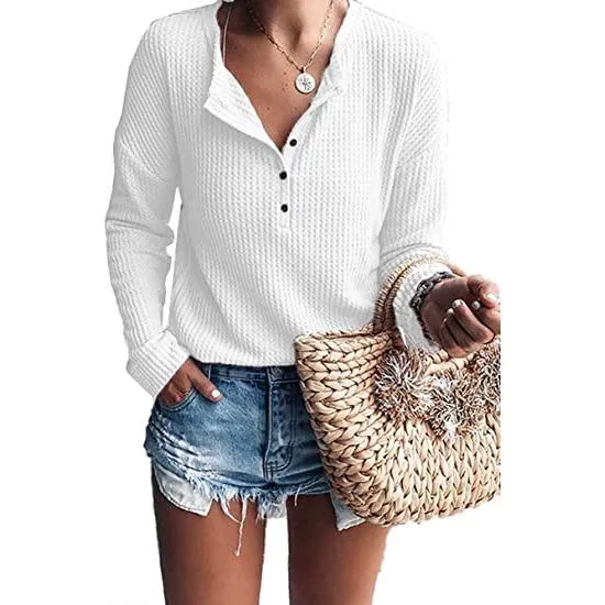 Women's Waffle Knit Tunic Tops Loose Long Sleeve